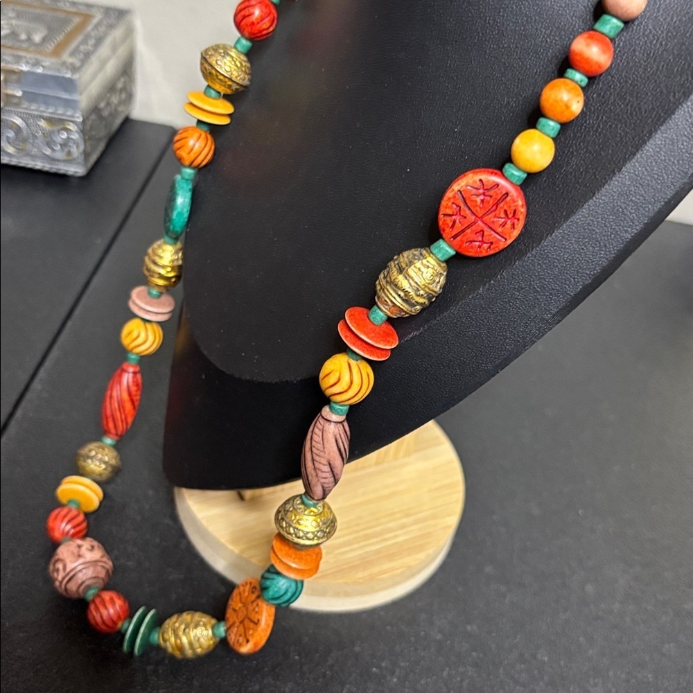 Colorful Boho Resin Wood Beaded Long Necklace - Picture 3 of 6